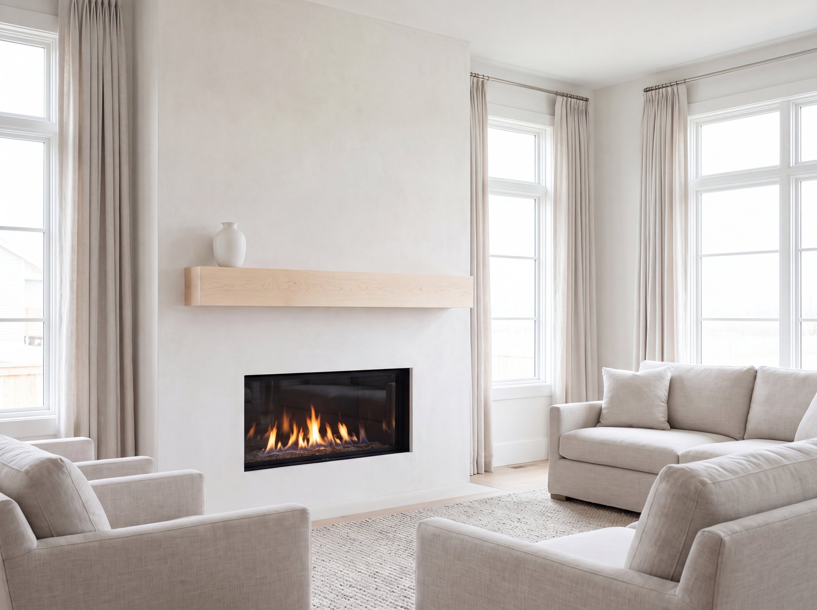 Pale white birch mantel with a satin finish in a contemporary room