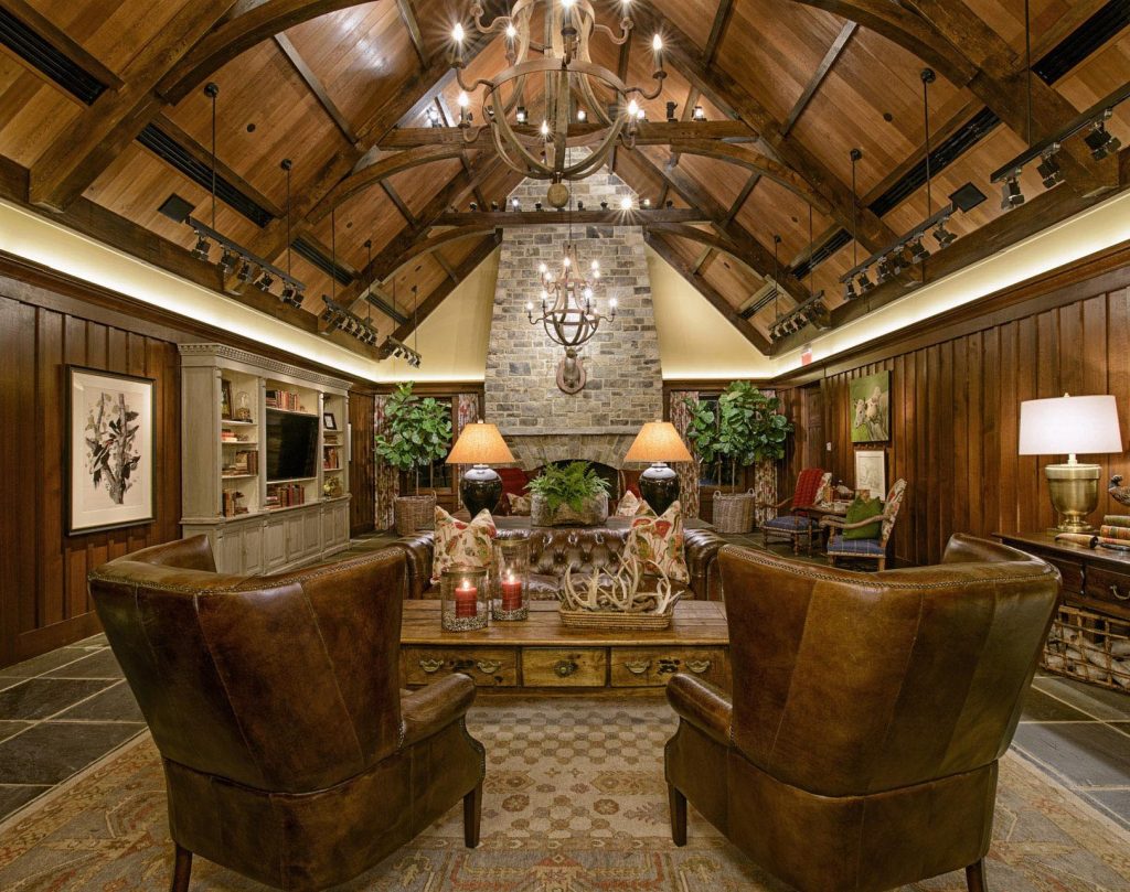 Lodge great room with heavy timber vault
