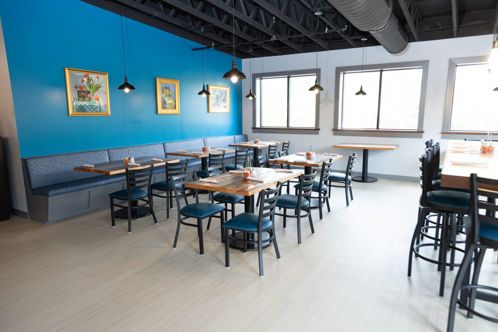 Restaurant dining room with live-edge tops