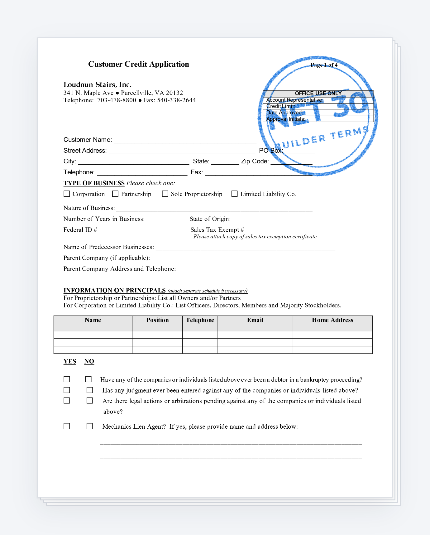 Page 1 of the Loudoun Stairs customer credit application, stamped Net 30 Builder Terms